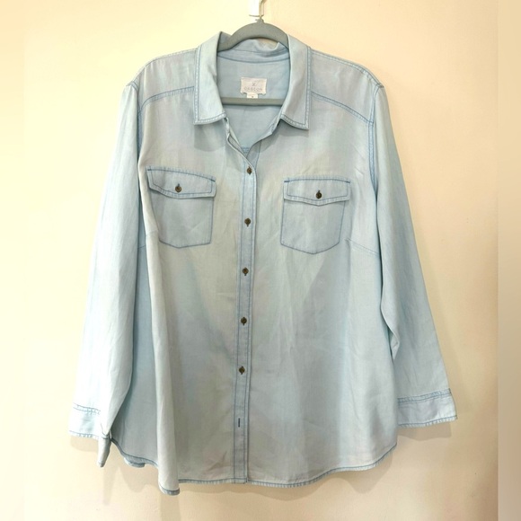 Caslon Casual Cotton Chambray long Sleeve Button up Shirt 2 pockets loose fit 2X - Picture 1 of 10